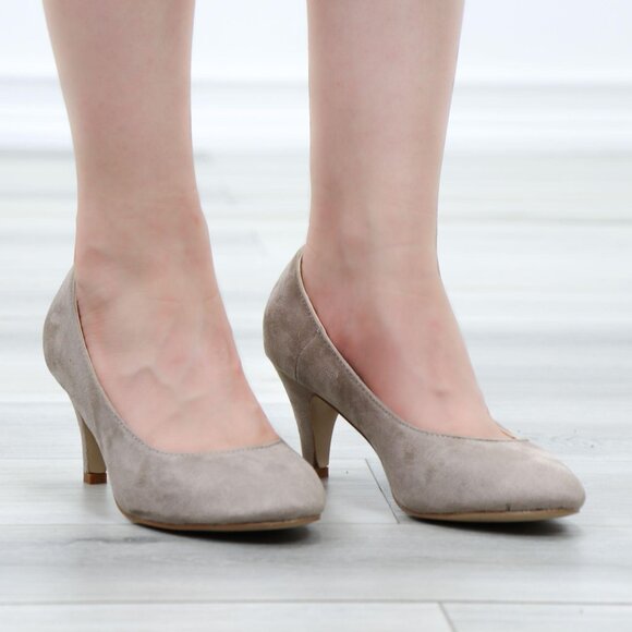 Taupe Faux Suede Pumps Rounded Toe Slip-On Kitten Low Heels - Picture 3 of 13
